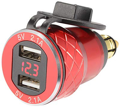 Sun3Drucker Cargador USB dual, adaptador de 4.2 A + QC 3.0 voltímetro Carga rápida Rojo Verde Azul Indicador LED de voltaje para Moto BMW DIN Hella Plug Rojo ...