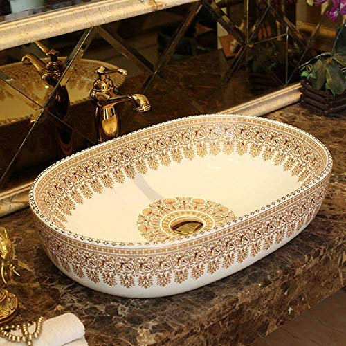 Wieoc Vasque à Poser Rectangulaire Forme Ovale Europe Style Lavabo Lavabo Jingdezhen Art Comptoir en Céramique Salle De Bains Lavabo Lavabo