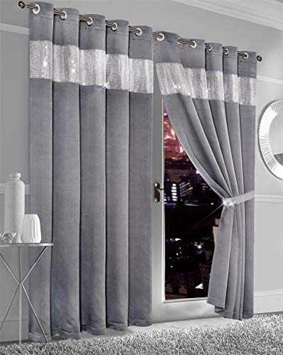 Olivia Rocco Diamante Blackout Eyelet Curtains With Tie Backs Black Out Thermal Ring Top Curtain Pair Window Dressing, 90 (Width) x 90 (Drop) Silver