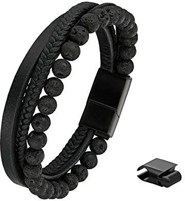Flongo Herrenarmband Männer Kette Lederarmband, Edelstahl Geflochten Leder Echtleder Armband Armreif Armkett Kreuz Link Schwarz Silber Gold Biker Herren-Accessoires