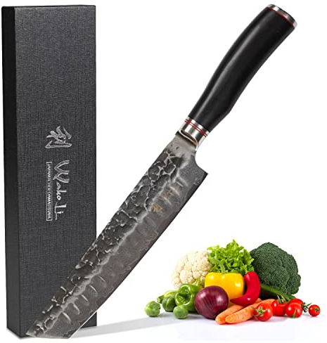 Wakoli EBO Premium Fleischmesser Tanto mit 20 cm Klinge und Hammerschlag gefertigt aus 67 Lagen echtem Damaststahl mit schwarzem Eichenholzgriff I Damastmesser Küchenmesser und Profi Kochmesser