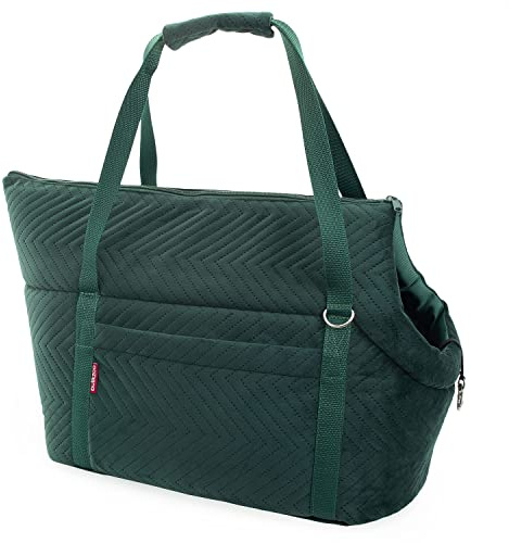Transporttasche für Hunde und Katzen | Schultertasche für Haustiere mit Gummiband mit Karabiner | bis 10 kg | Material: Wildlederimitat - Velvet | Größe: M | Farbe: Grün