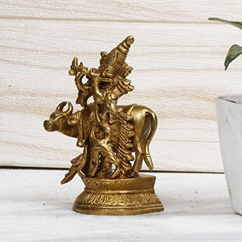 ARTVARKO Flûte en laiton Krishna jouant avec vache Kamdhenu et paon Idol Sculpture Décoration d'intérieur pour salon Pooja Hauteur 12,7 cm