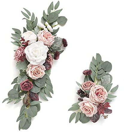 SLDHFE Künstliches Hochzeitsbogen-Blumen-Set, 2-teiliges künstliches Rosen-Blumen-Beutel, dekorative Girlande mit Rosen-Pfingstrose, Eukalyptusblättern, künstliche Blumen-Girlande mit Bändern