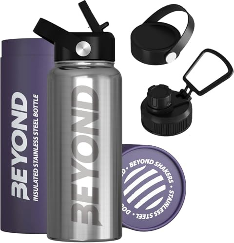 Beyond Premium Vacuum Insulated Stainless Steel Double Walled Stainless Steel Water Bottle 1000ml Wide Mouth Sports Drink Flask BPA Free (Brushed Steel)