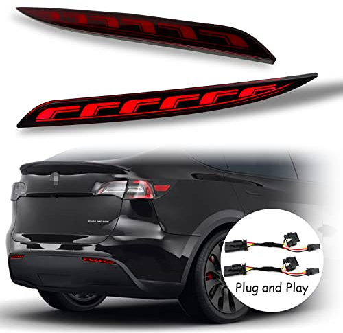 PGTOPONE Red LED Rear Bumper Reflectors Fog Brake Tail Light Lamps Turn Signal Light Plug and play Kit for Tesla Model Y 2020-2024 Accessories (Red, Model Y)