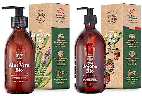 Bionoble Jojobaöl Bio 200ml - 100% Rein, Natürlich und Kaltgepresst - Gesicht, Körper, Haare, Bart, Nägel - Vegan und Cruelty Free - Jojoba Oil - Glasflasche + Pumpe & Aloe Vera Gel Bio 200 ml