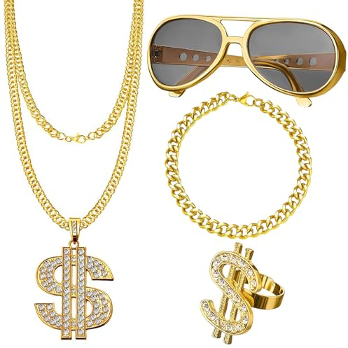 Qunkun Dollar Kette Set 4 Stück, Hiphop Schmuck, 80er 90er Accessoires | 4 Stück Dollar Kette set Goldkette Herren, Zuhälter Kostüm Set, Malle Accessoires, 80er 90er Jahre Accessoires