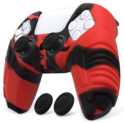 PlayVital Raging Warrior Edition Protective Case for PS5 - Anti-Slip Rubber Controller Cover with Thumb Grips - Red & Black