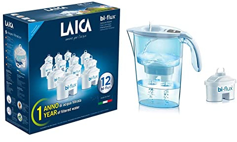 Laica F12M Bi-Flux Cartucce Filtranti per Il Trattamento dell'Acqua, Confezione da 12 Cartucce, Bianco, 10 X 9.6 X 5.3 Cm & J31Af Stream Line Caraffa Filtrante, Plastica