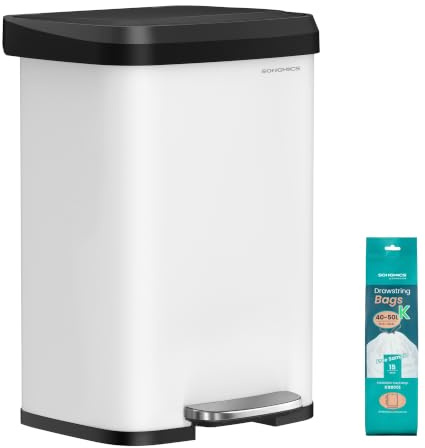 SONGMICS ULTB530W50 Küchenabfalleimer, Edelstahl, mit offenem Deckel und Trittpedal, Softverschluss, hoch, groß und platzsparend, Weiß und Schwarz, 40 l