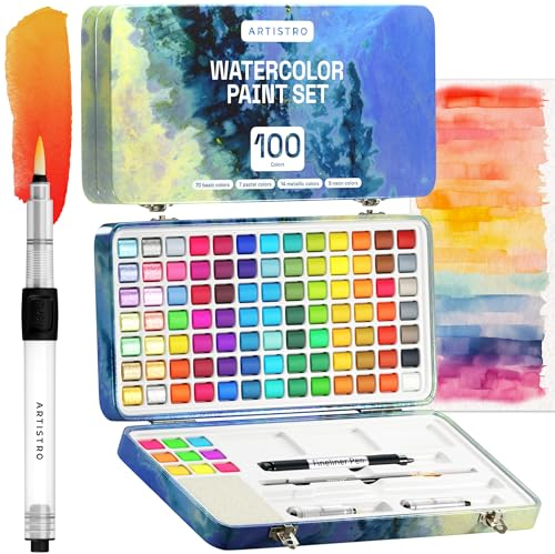 Artistro Perfect Travel Watercolor Paint Set, 100 Vivid Colors in Portable Box, Including Metallic, Fluorescent, Pastel Colors. for Artsits, Amateur, Hobbyists and Painting Lovers