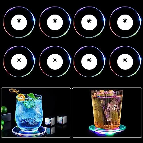 Aoreun Bunt LED Untersetzer, 8 Stück ON/Off Taste Getränke Untersetzer und Wasserdicht Acryl-Rund Untersetzern ür Gläser Flaschen Partys Hochzeiten Bar Weihnachten