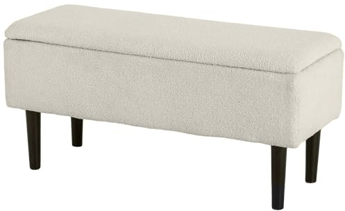 HOMCOM Sitzbank mit Stauraum Polsterbank mit Samtoptik, Klappdeckel, Sitztruhe mit Holzbeine, Truhenbank Bettbank für Wohnzimmer Schlafzimmer Flur 95 x 38 x 45 cm Cremeweiß