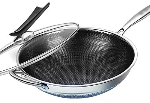 OQHAIR Wok para inducción Wok plano de acero inoxidable 304 Sartén antiadherente Estufas de gas sin recubrimiento Cocina de inducción Olla especial