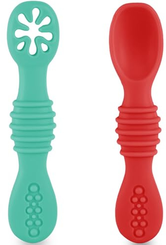 HOMYBABY® Cucchiaino Svezzamento - Cucchiaio Svezzamento Antibatterico per il BLW - Cucchiaino Silicone Neonato - 2 Cucchiai Ergonomici Neonati Dai 6 Mesi, 2 Fasi Dell'alimentazione (I, x2)