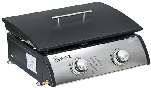 Outsunny Gas Plancha Barbecue Grill with 2 Stainless Steel Burner, 10kW, Portable Tabletop Gas BBQ with Non-Stick Griddle for Camping Picnic Garden Party Festival