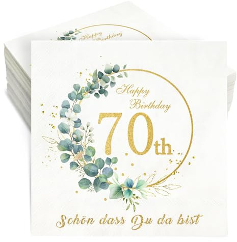 Servietten 70. Geburtstag - 36 Stück 3-Lagig Happy Birthday Eukalyptus Servietten, Schön dass du da bist - Tischdeko Party Papierservietten 33x33cm für Frau Männer