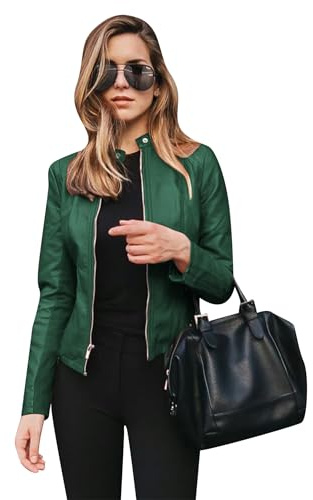 TYQQU Damen Motorradjacke Herbst Schlanke Lederjacke Schlanke Weiche Lederjacke Grün M