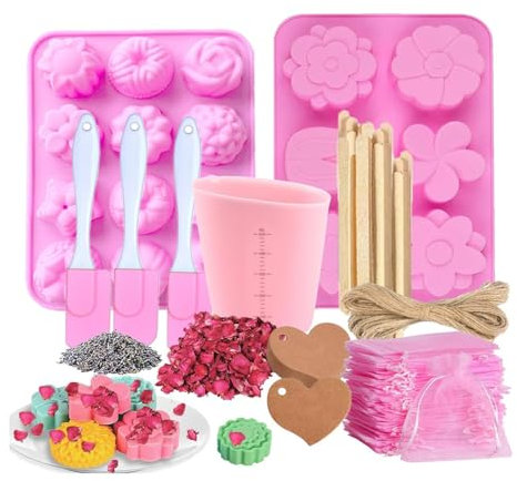 Misamo DIY Seifenherstellungssets: Seifenform, Messbecher, Rührstab, Organzabeutel, Getrocknete Blumen (Rosa)