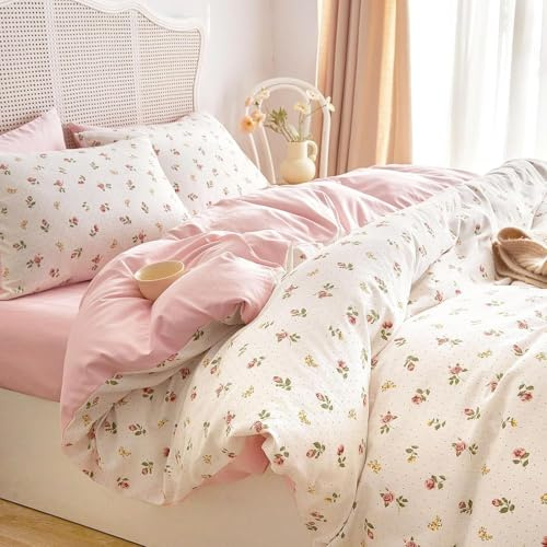 Sedefen Housse de Couette Fleurie 200x200cm Rose Floral Fleurs Ado Parure de Lit avec Fermeture Éclair 2 Personnes Adulte Fleurs Réversible Sets de Housse Couette avec 2 Taies d'oreiller 65x65cm
