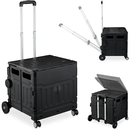 Relaxdays Einkaufstrolley, klappbar, Einkaufskorb mit Rollen, Deckel & neigbarem Teleskopgriff, bis 50 kg, schwarz