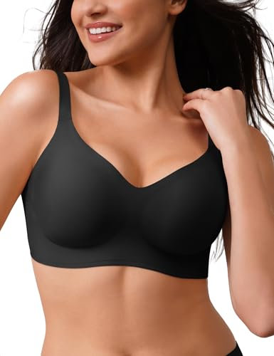 CLOSEMATE Bras for Women V Neck Comfort T-Shirt Bralette for Women Wireless No Underwire with Extra Bra Extender 32 34 36 38 40 42(Black, Size Medium)