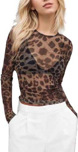 EMOTTOS Maglietta da Donna con Motivo Stampa Leopardata, Sexy a Rete Crop Top con Camicia a Stampa Animale, Top in Rete da Donna Y2K Slim Fit per Uscire in Discoteca Maglietta Trasparente, Nera, L