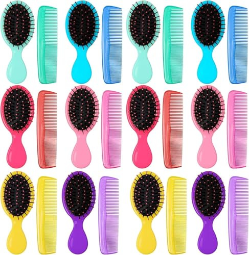 24 Stück Mini Kinder Haarbürste Set, 12 Klein Reisebürsten und 12 Haarkämme für nasses und trockenes Haar, Entwirrbürste für Mädchen, Frauen, Jungen, Männer und Kinder