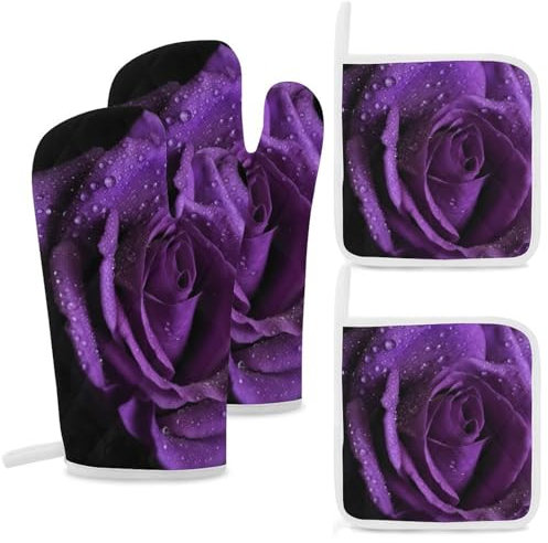 Purple Rose Oven Mitts and Pot Holders Set 4 Kitchen Oven Glove Cooking Mitts with Hanging Loop Heat Resistant Potholder Set for Chef Baking Cooking Grilling