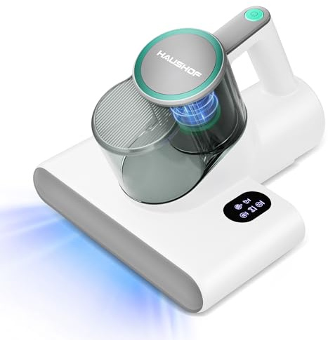 HAUSHOF Aspirateur Anti-Acariens, Aspirateur Matelas 16 kPa avec Lumière UV-C 275 nm, Chaleur 60 °C, Ultrasons, Fonction Anion, Filtre HEPA, Double Réservoir à Poussière, pour Lit, Canapé, Berceau