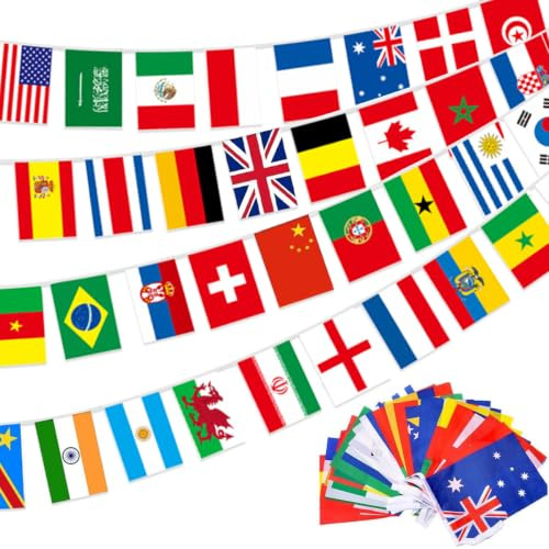 Fahnen Wimpelkette Länder für 2026 WM, 100 International Länderflaggen Fahnenkette, Eurovision Europäische Flagge Wimpelkette, EU Länder String Wimpel Banner für Fußball-EM und WM Deko (30 M)