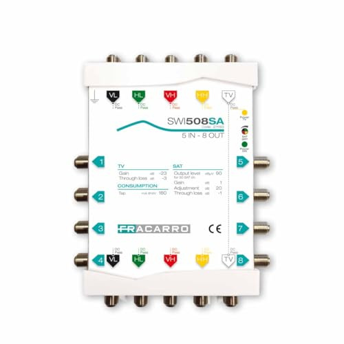 FRACARRO Multiswitch a cascata 5 ingressi, 8 uscite derivate, TV passiva e satellite attivo con guadagno regolabile (0-20dB), banda satellitare fino a 2300 MHz, alto isolamento (SWI508SA)