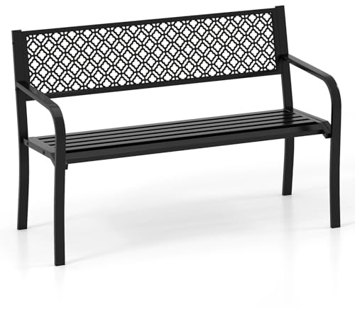COSTWAY Garden Bench, 2-Person Heavy Duty Metal Frame Loveseat Park Bench, Outdoor Furniture Leisure Seating Patio Chair for Entryway, Porch & Backyard (Black, 127 x 59 x 82 cm)