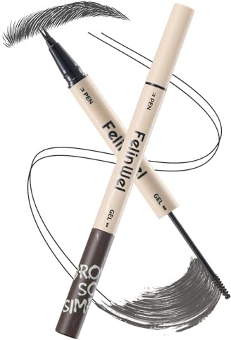 FelinWel Dual-Ended Brow Pen & Mascara - Waterproof Eyebrow Pencil with 2-Fork Tip & Tinted Brow Gel for Fuller Brows, 01# Grey Black