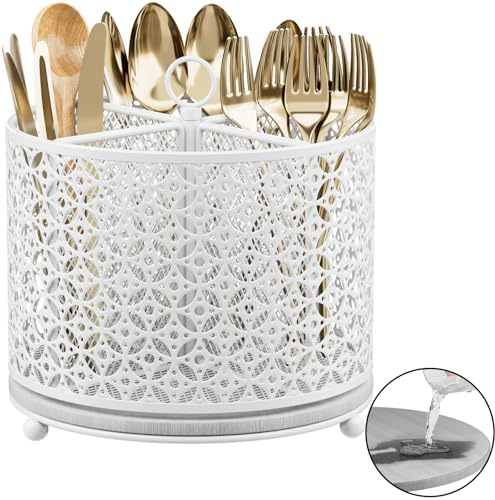 Porte-ustensiles de cuisine rotatif à 360° – Séchage rapide – 4 compartiments – Porte-couverts surélevé avec poignée pour comptoir de cuisine, table de pique-nique, fête – Blanc