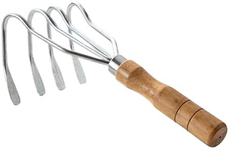 Rastrello a mano, manico in legno a 4 denti, raschietto per vongole da spiaggia, 26 x 10,4 x 8,9 cm, design robusto, strumento portatile multifunzionale per lago, fattoria, paesaggistica, stagno