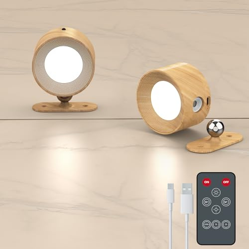 Coollamp LED Battery Operated Wall Lights, 2Pack Wall Lamp with Remote Control 3 Color Modes 3 Brightness Levels 360°Rotate Magnetic, Reading Lights for Living Room Bedroom