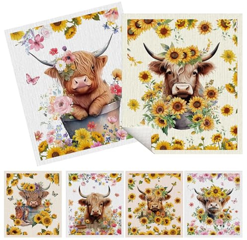 MOIZYNG Swedish Dishcloths for Kitchen, 6 Pack Sunflower Highland Cow Swedish Dish Cloths for Washing Dishes, Reusable Washable Absorbent Dish Towels for Home Kitchen Cleaning Quick Drying