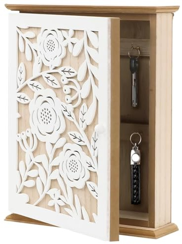 Vintage Wooden Key Storage Box - Wooden Wall Mounted Key Cabinet with 6 Hooks | Rustic Vintage Carving Keyring Holder Lock Box for Home Hallway Living Room Bedroom Entryway (B)