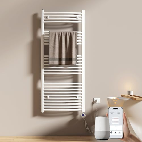 EMKE WiFi Badheizkörper Elektrisch 1400x600 mm - Gebogen Handtuchheizkörper Elektrisch, Elektrischer Handtuchwärmer Handtuchtrockner Handtuch Heizkörper Bad mit Thermostat und Heizstab - 600W, Weiß