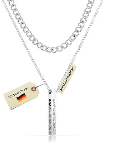 Made by Nami Personalisierte Bar-Anhänger Kette Mit Buchstaben 40 + 5 cm aus 316L Edelstahl Personalisierte Geschenke Herren Kette mit Namen, Symbol oder Wunschgravur Geschenk für Partner
