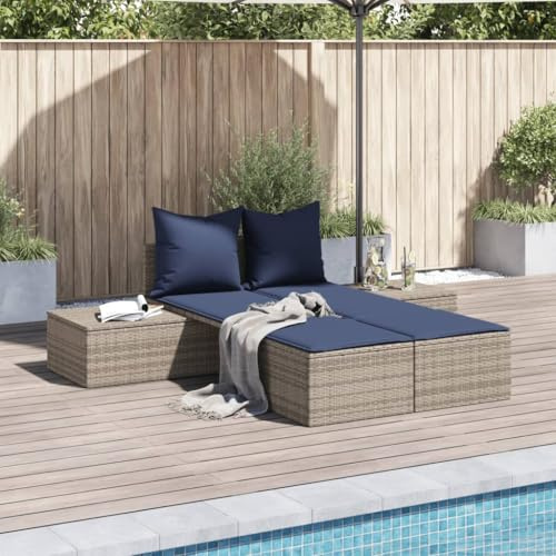 Mandloder Doppel-Sonnenliege mit Kissen Grau Poly Rattan, 104x162x30 cm Outdoor Liegestuhl Strandliege Terrassen-Chaiselongue Chaiselongue für Garten Pool wetterfest