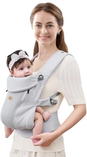 CUBY Baby Carrier Ergonomic Newborn-Toddler Adjustable Head Support（Grey） | Ergonomic 3D mesh baby carrier, adjustable head support, side zipper design, breathable & lightweight for newborn to toddler