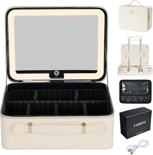 Leder-Kosmetiktasche mit LED-beleuchtetem Spiegel Reise-Kosmetikkoffer Schminkkoffer Einstellbare Helligkeit in 3 Farben Künstler-Aufbewahrungstasche mit Trennwänden Pinselhalter-Tasche, 29CM, Weiß