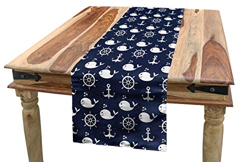 ABAKUHAUS Navy blau Tischläufer, Maritime Anchor Wal, Esszimmer Küche Rechteckiger Dekorativer Tischläufer, 40 x 180 cm, Marineblau Weiß