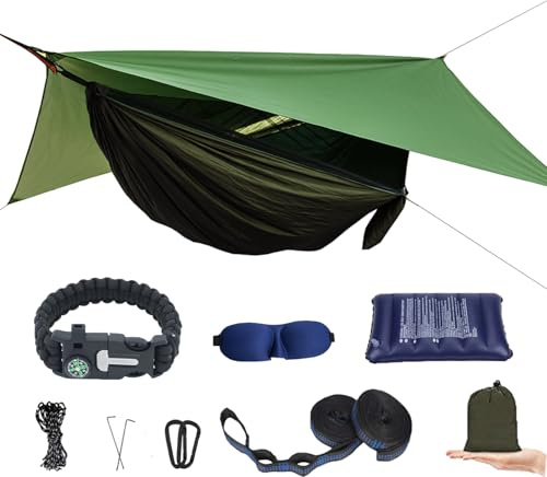 Camping-Hängematte mit Moskitonetz und Regenfliege, Reise-Hängematte, Insektennetz, Hängemattenzelt für Outdoor, Wandern, Rucksackreisen, Reisen, Camping-Zubehör und Campingausrüstung, Militärgrün