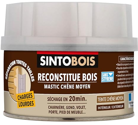 SINTO Mastic reconstitue bois charges lourdes chêne moyen 170ml | Résistant aux chocs et poids importants, sec en 20 min, répare charnières gonds volets et portes, intérieur et extérieur