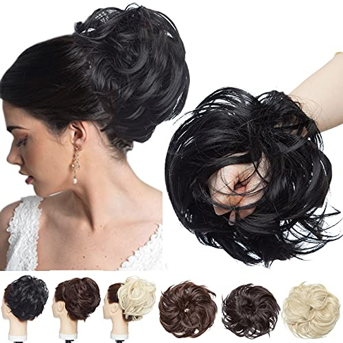 SEGO Haar Extensions Hochsteckfrisuren Haarteil Haargummi Dutt [Große-80g] VOLUMINÖS unordentlicher gewellt 1# Schwarz