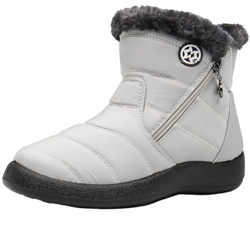 Eagsouni Bottes Hiver Femme Fourrure Doublure Chaude Imperméable Confort Bottines de Neige Fermeture Chaussures Extérieur Antidérapant,Beige 3,36 EU